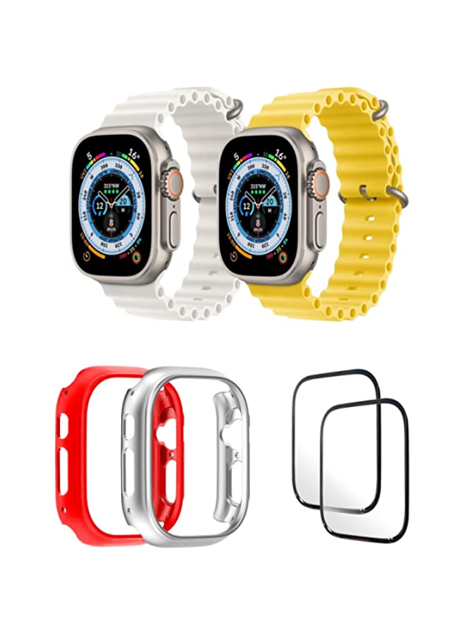 IAF Silicone Ocean Band Strap for Apple Watch Ultra 8 49mm Snow White/Yellow , Case Compatible with Apple Watch Ultra 49mm Red/Silver , 2* pcs Watch glass Set of 6