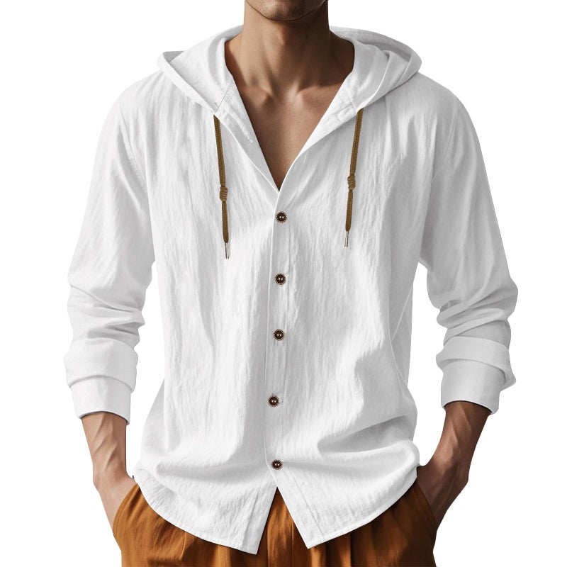 PIDOGYM Men Cotton Linen Long Sleeve Button Down Shirt Summer Casual Hawaiian Beach Tops Lightweight Fashion Hoodies White - Image 1