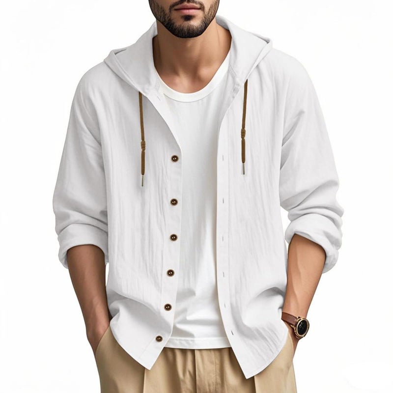 PIDOGYM Men Cotton Linen Long Sleeve Button Down Shirt Summer Casual Hawaiian Beach Tops Lightweight Fashion Hoodies White - Image 2