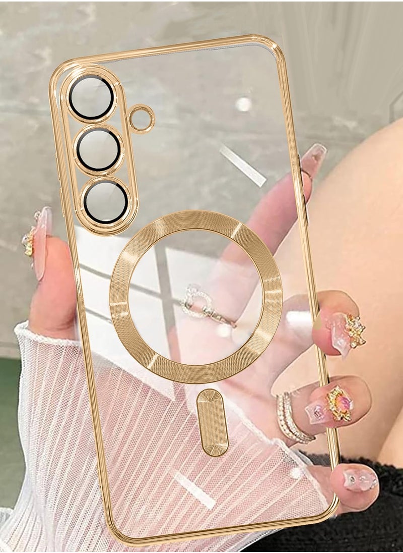 Wtech Samsung Galaxy S25 Plus / S25+ 2025 Magsafe PU Luxury Plating Raised Lips Camera Hole Case Cover - Clear/Gold  - Image 2