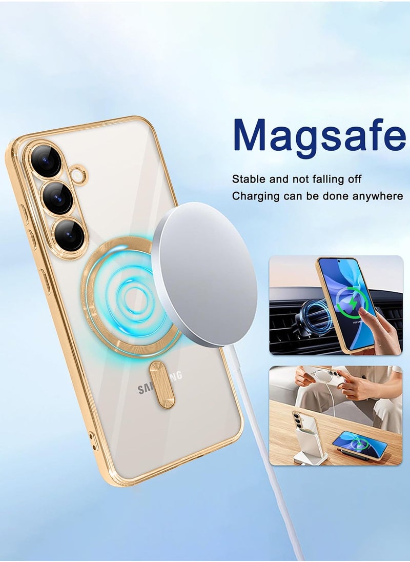 Wtech Samsung Galaxy S25 Plus / S25+ 2025 Magsafe PU Luxury Plating Raised Lips Camera Hole Case Cover - Clear/Gold  - Image 3