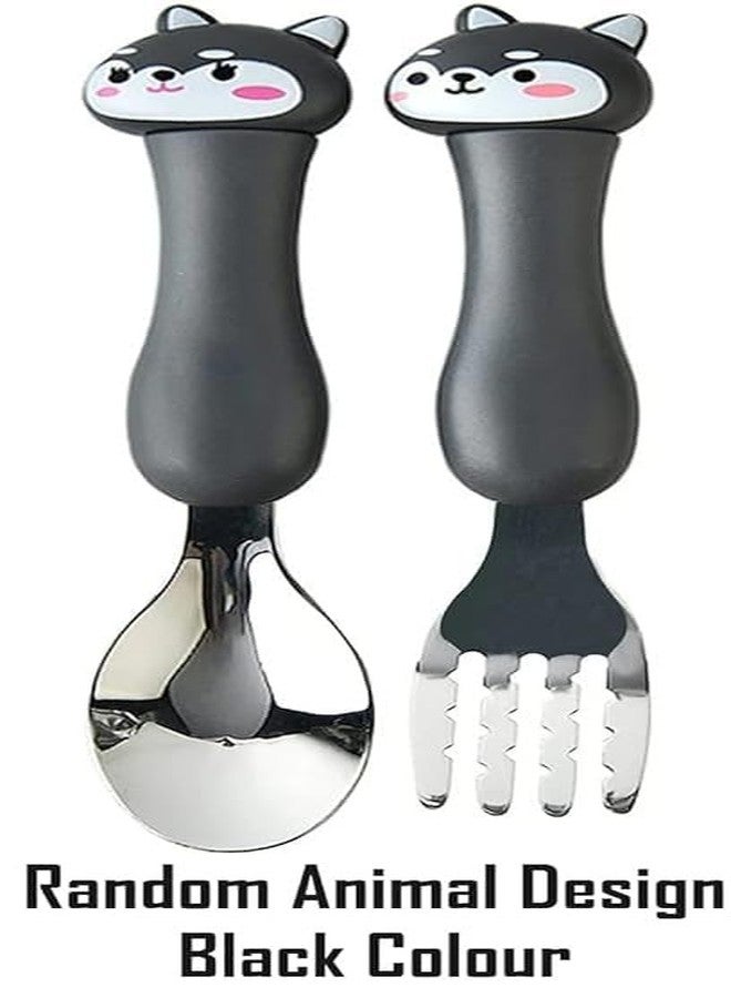 Bekner Kids Cutlery Set, Stainless Steel Spoon and Fork with Animal Design Handles, 14.7 cm, Multicolor, Pack of 2 (Black) - Image 2
