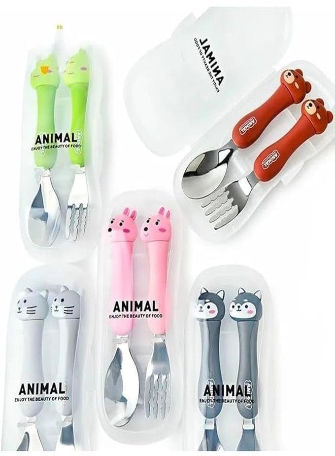 Bekner Kids Cutlery Set, Stainless Steel Spoon and Fork with Animal Design Handles, 14.7 cm, Multicolor, Pack of 2 (Black) - Image 3