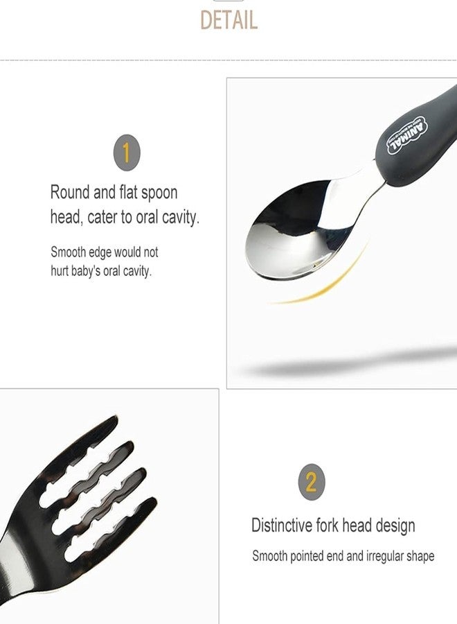 Bekner Kids Cutlery Set, Stainless Steel Spoon and Fork with Animal Design Handles, 14.7 cm, Multicolor, Pack of 2 (Black) - Image 5
