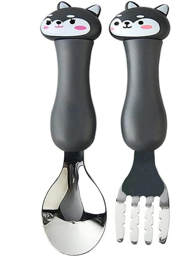 Bekner Kids Cutlery Set, Stainless Steel Spoon and Fork with Animal Design Handles, 14.7 cm, Multicolor, Pack of 2 (Black) - Image 1