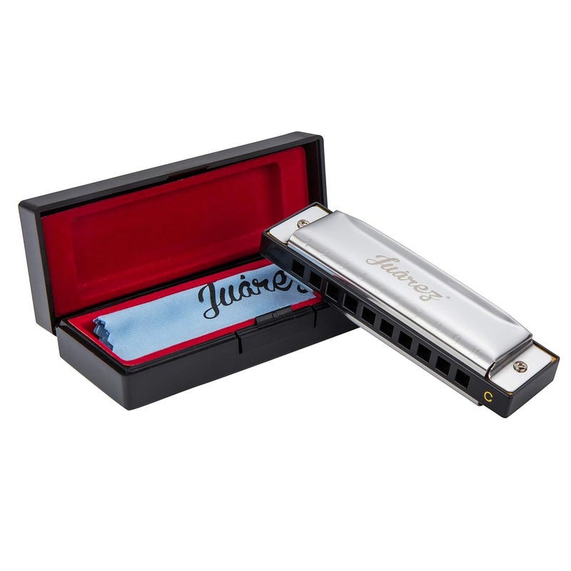Juarez Azüre 10 Hole 20 Tone Diatonic Harmonica Key of C Scale | Mouth Organ | Cover - Stainless Steel | Comb - ABS | Reed - Phosphor Bronze with Cloth & Case - Image 1