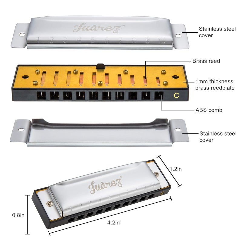 Juarez Azüre 10 Hole 20 Tone Diatonic Harmonica Key of C Scale | Mouth Organ | Cover - Stainless Steel | Comb - ABS | Reed - Phosphor Bronze with Cloth & Case - Image 3