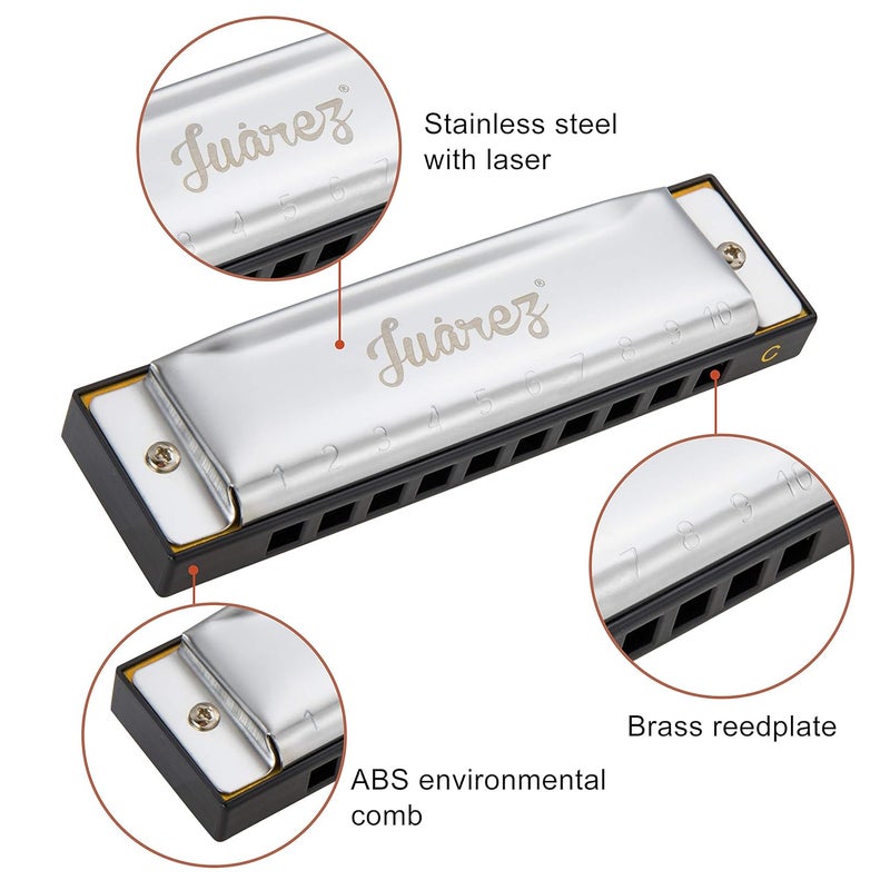 Juarez Azüre 10 Hole 20 Tone Diatonic Harmonica Key of C Scale | Mouth Organ | Cover - Stainless Steel | Comb - ABS | Reed - Phosphor Bronze with Cloth & Case - Image 2