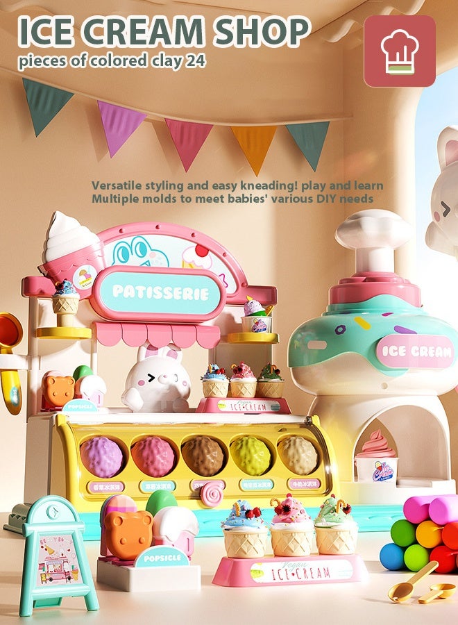 Fun Colored Clay Ice Cream Machine - Kids' Kitchen Set with 24 Colored Clay Pieces, DIY Pretend Play Ice Cream Shop, Music Function, Toddler & Preschooler Toy, Household Toy for 3-6 Year Old Girls & Boys, Plasticine Mold Tool Set, Educational Play Kitchen Accessories - Image 1
