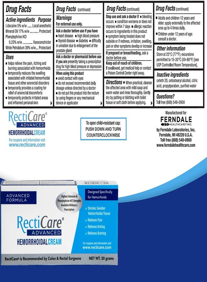 Recticare Advanced Hemorrhoidal Cream: Advanced Treatment to Shrink & Soothe Hemorrhoids - Itch, Pain, Burn Relief - 30g Hemorrhoidal Cream with Lidocaine - Image 2