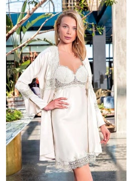 Nurteks 5393 Women's Lace Satin Nightgown Dressing Gown Set-Ecru  - Image 1