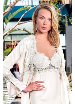 Nurteks 5393 Women's Lace Satin Nightgown Dressing Gown Set-Ecru  - Image 2