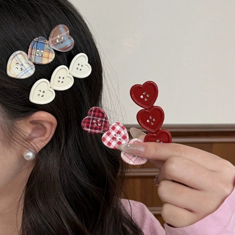 Sweet Love Plaid Button Hair Clip Women Side Bangs Hairpins Korean Japanese Girls Cute Duckbill Clip Headdress Hair Accessories - Image 3