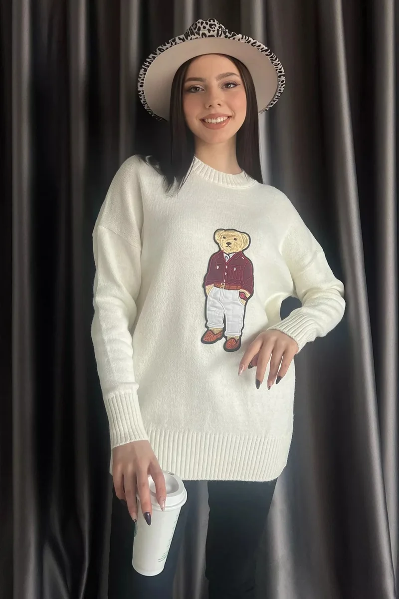 Gülseli Rose Applique Bear Women's Knitwear Sweater