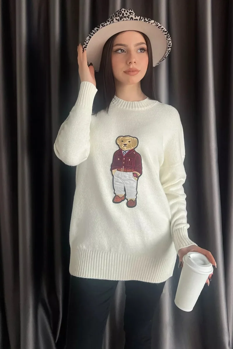Gülseli Rose Applique Bear Women's Knitwear Sweater
