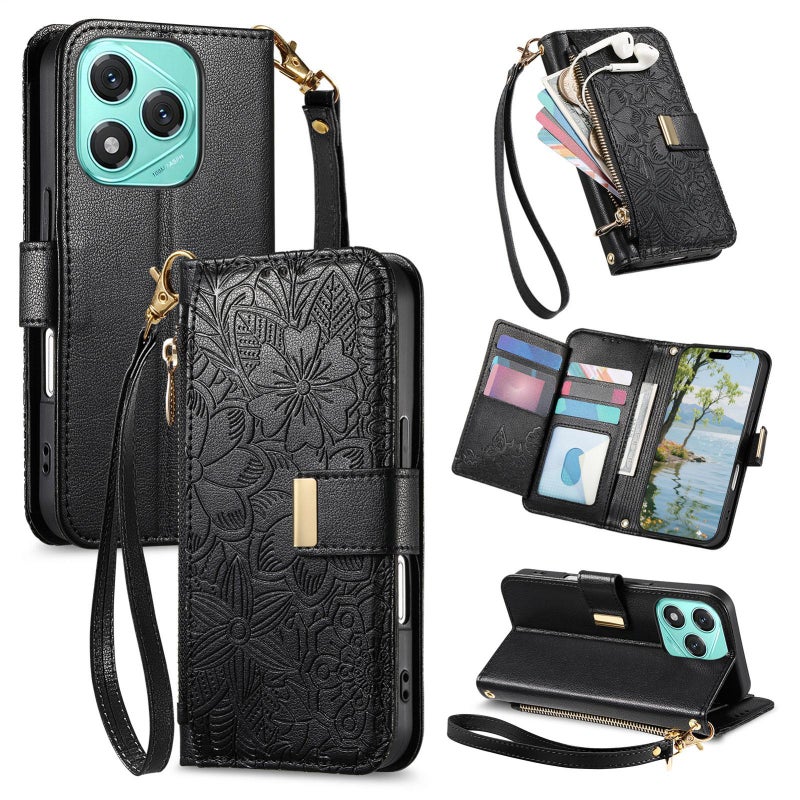 إيروريكس جراب هاتف For Honor 400 Lite بسحاب وأوراق زهور عالمية وحزام من الجلد (أسود) - Image 1