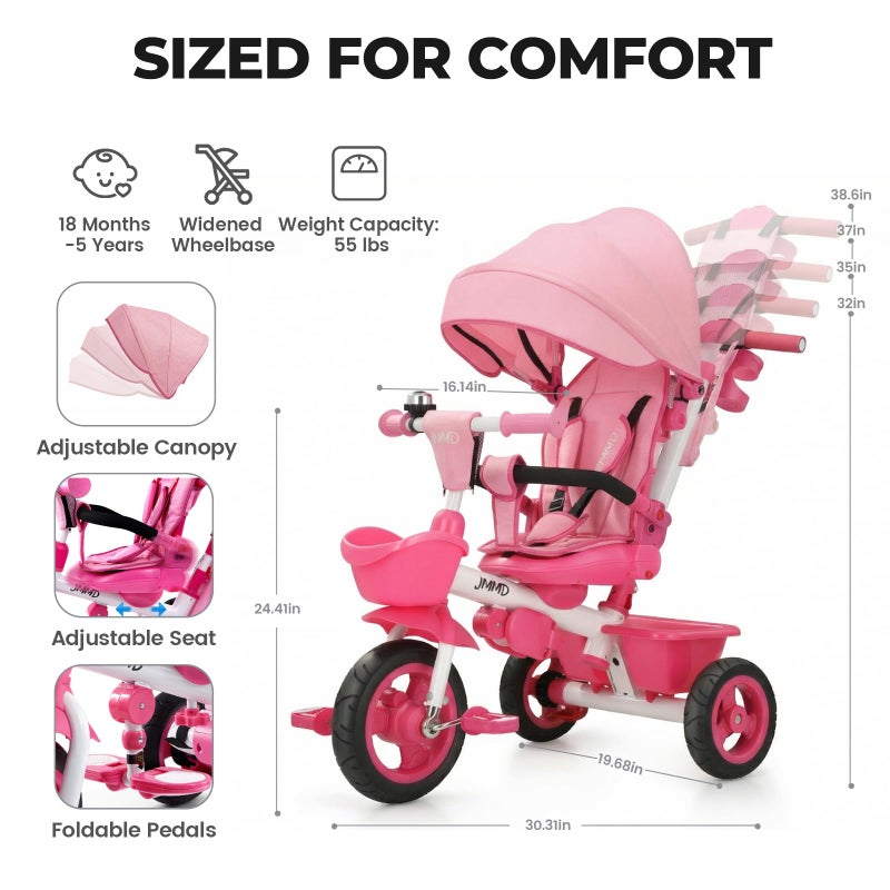 JMMD 7 in 1 Tricycle Stroller with Push Handle, Baby Trike with 360Â° Swivel Seat, Reclining Backrest, All-Terrain Wheels, Dual Brakes, Canopy & Storage, Gift for Kids 18 Months to 5 Years, Pink - Image 3