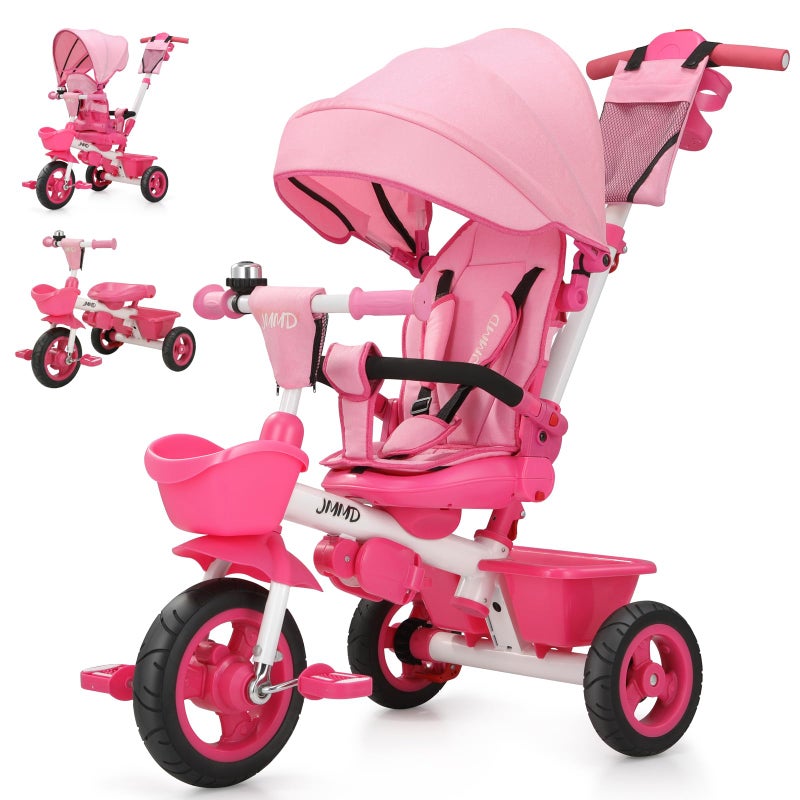 JMMD 7 in 1 Tricycle Stroller with Push Handle, Baby Trike with 360Â° Swivel Seat, Reclining Backrest, All-Terrain Wheels, Dual Brakes, Canopy & Storage, Gift for Kids 18 Months to 5 Years, Pink - Image 1