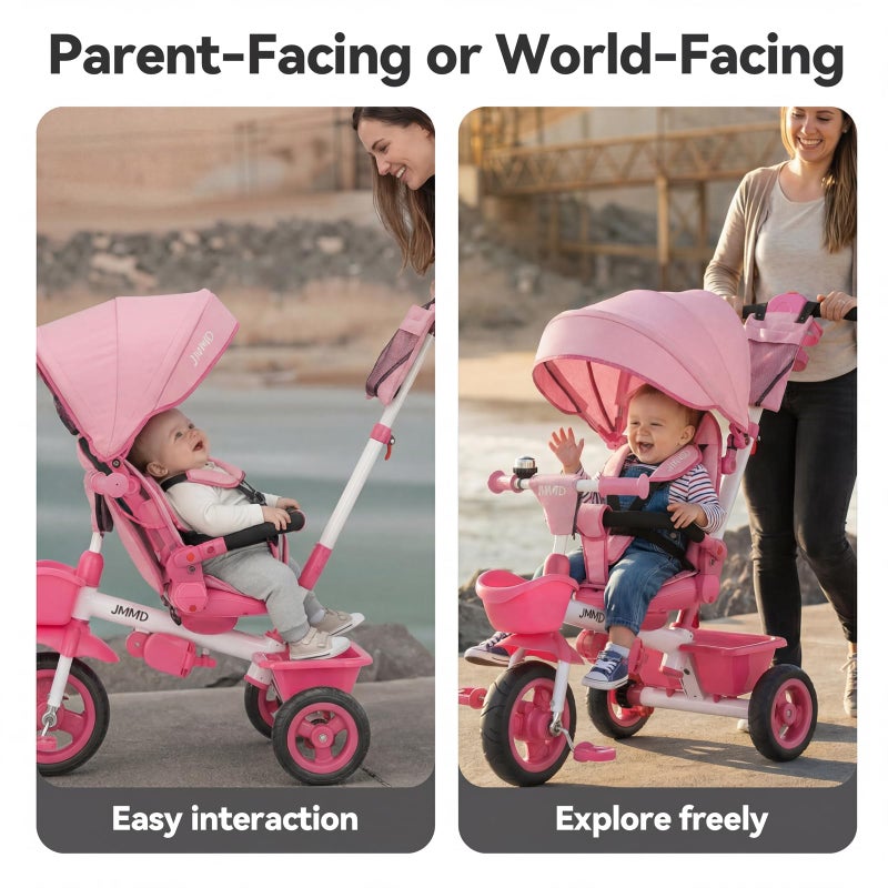 JMMD 7 in 1 Tricycle Stroller with Push Handle, Baby Trike with 360Â° Swivel Seat, Reclining Backrest, All-Terrain Wheels, Dual Brakes, Canopy & Storage, Gift for Kids 18 Months to 5 Years, Pink - Image 4