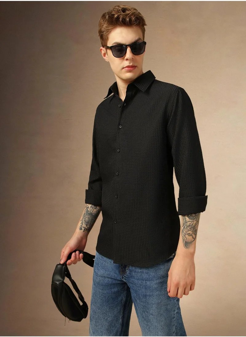 دينيس لينغو Men's Black 100% Polyester Textured Shirt