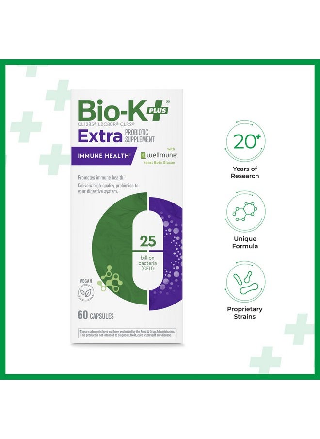 Bio-K Plus - Bio K+ Immune Health with Wellmune - Vegan Probiotic Supplement for Supported Immunity, Maintains Digestive Health with 25 Billion CFU 3 Strains - 60 Capsules - Image 1