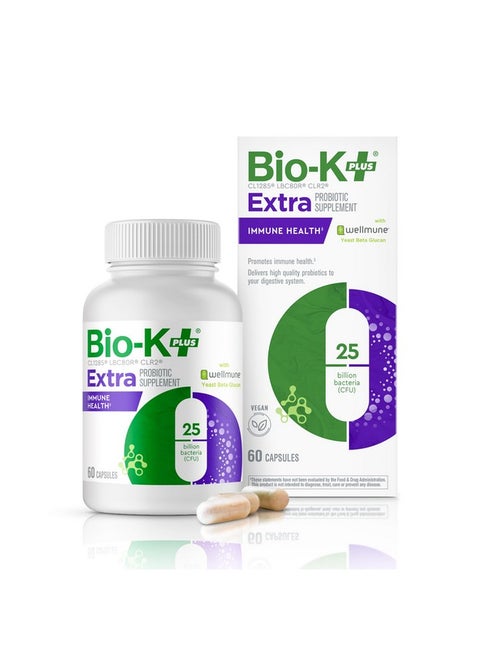 Bio K+ Immune Health with Wellmune - Vegan Probiotic Supplement for Supported Immunity, Maintains Digestive Health with 25 Billion CFU 3 Strains - 60 Capsules