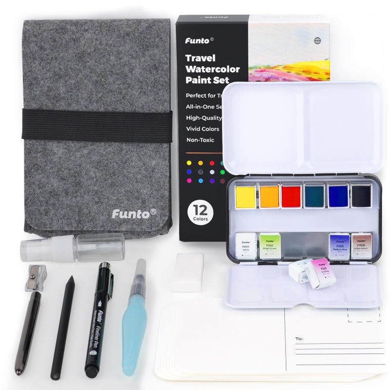 Funto Travel Watercolor Set, 12-Color Paint, 10 Premium Postcards, Brush, Brush Pen, Fineliner, Pencil, Painting Set for Adults, Beginner, and Artists - Image 1