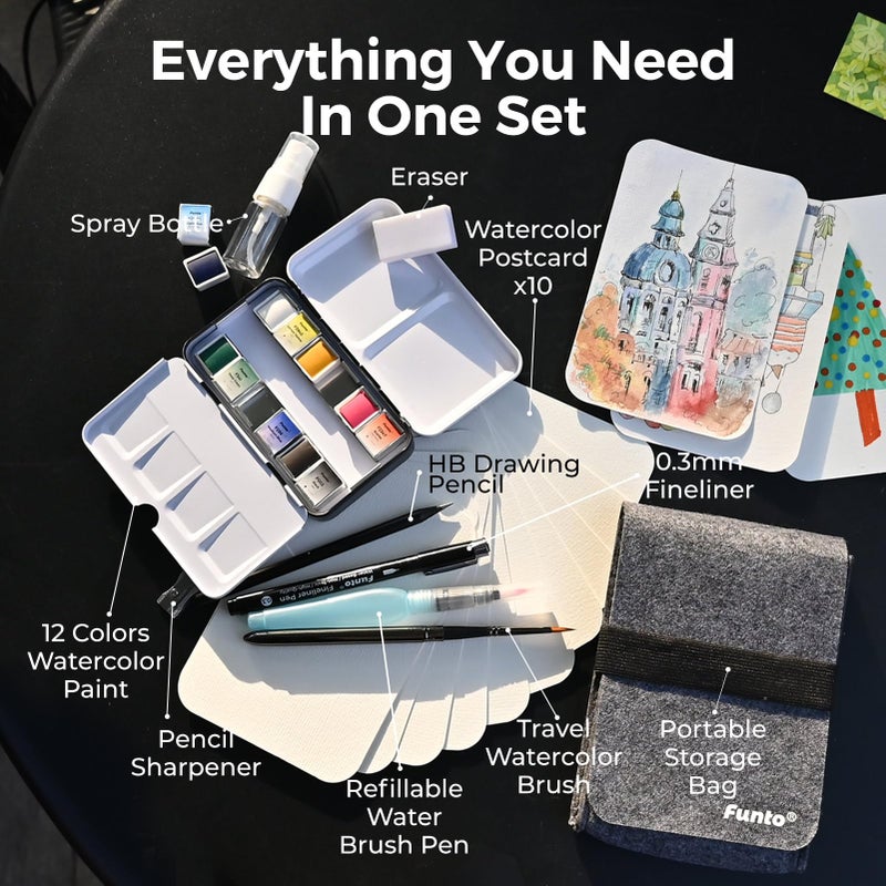 Funto Travel Watercolor Set, 12-Color Paint, 10 Premium Postcards, Brush, Brush Pen, Fineliner, Pencil, Painting Set for Adults, Beginner, and Artists - Image 2