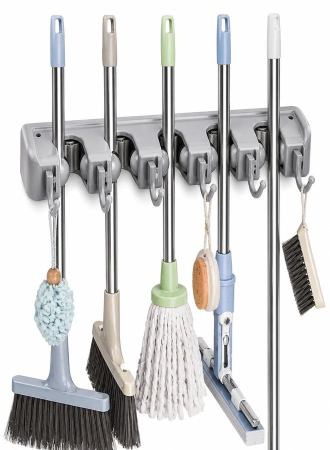 Katisun Broom Stick Hanger Hook mop Holder for wall Without Drilling with 5 Positions & 6 Hooks | Heavy Duty Wall Mounted Tool Organizer for Home Kitchen Bathroom Garage (Pack of 1) - Image 1