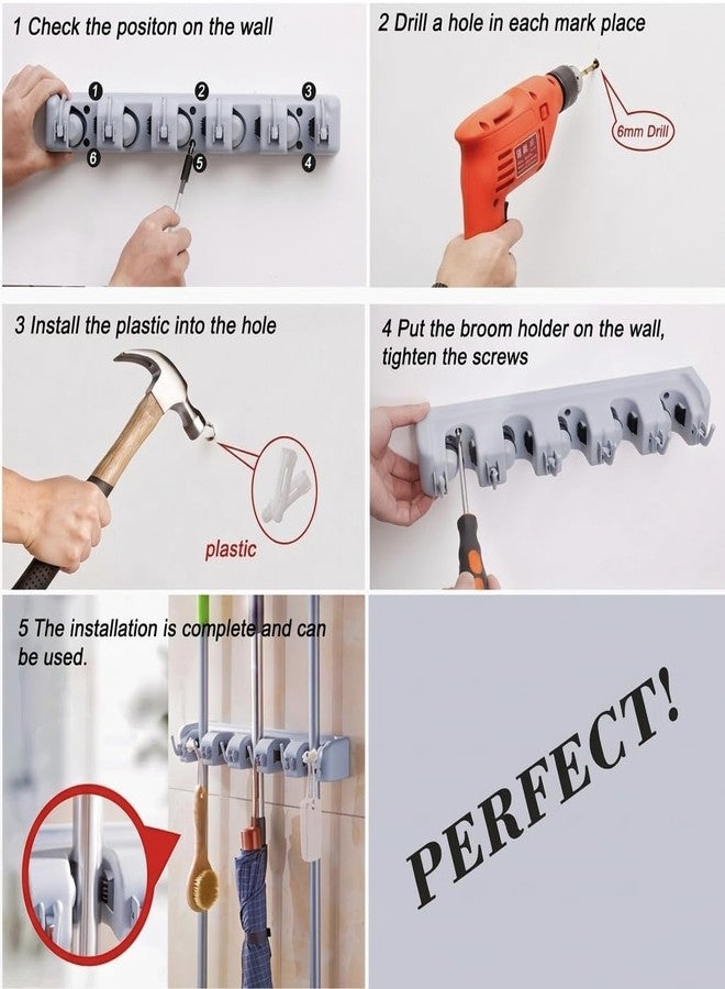 Katisun Broom Stick Hanger Hook mop Holder for wall Without Drilling with 5 Positions & 6 Hooks | Heavy Duty Wall Mounted Tool Organizer for Home Kitchen Bathroom Garage (Pack of 1) - Image 2