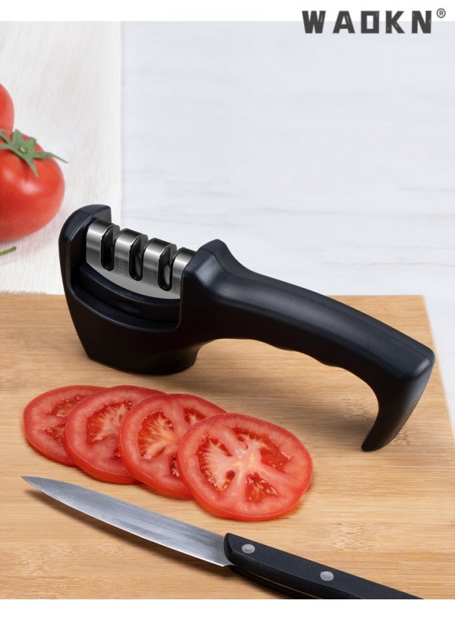 WAOKN 4-in-1 Kitchen Knife Accessories: 3-Stage Knife Sharpener Helps Repair, Restore, Polish Blades , detachable , suitable for Knives, fruit knives, scissors ,sturdy and durable , easy to use and clean , 20.5*7.5*5cm , black . - Image 4
