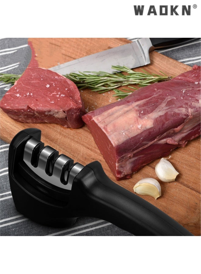 WAOKN 4-in-1 Kitchen Knife Accessories: 3-Stage Knife Sharpener Helps Repair, Restore, Polish Blades , detachable , suitable for Knives, fruit knives, scissors ,sturdy and durable , easy to use and clean , 20.5*7.5*5cm , black . - Image 2