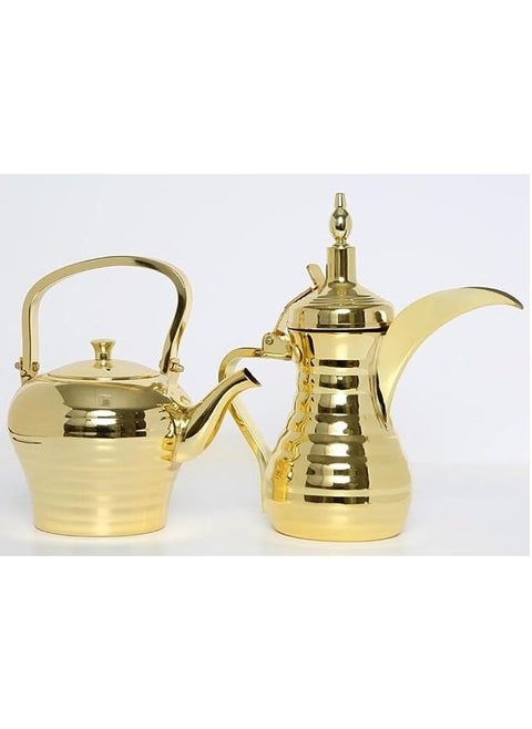 A thinner set for tea and coffee made of stainless steel, coffee pot capacity 1.2 liters and tea pot 1.6 liters - tea pot and Arabic coffee pot set in chrome and golden (golden)