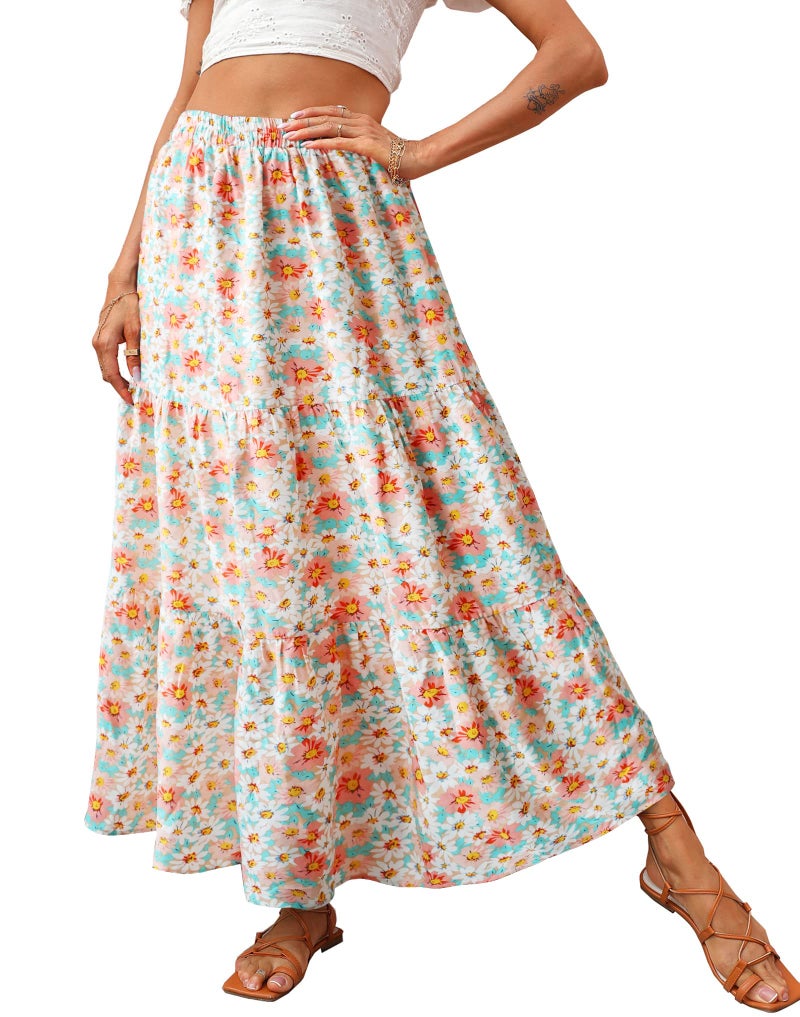 KIRUNDO Maxi Skirts for Women 2026 Summer Boho Floral High Waist Casual Flowy Long Skirt Beach Vacation Cruise Resort Wear(Green, Medium) - Image 1
