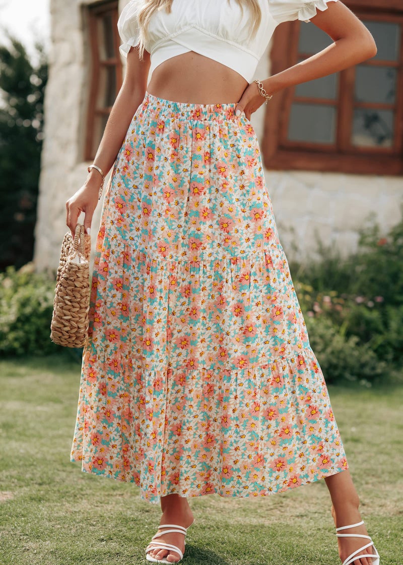 KIRUNDO Maxi Skirts for Women 2026 Summer Boho Floral High Waist Casual Flowy Long Skirt Beach Vacation Cruise Resort Wear(Green, Medium) - Image 2