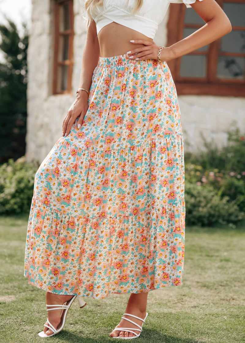 KIRUNDO Maxi Skirts for Women 2026 Summer Boho Floral High Waist Casual Flowy Long Skirt Beach Vacation Cruise Resort Wear(Green, Medium) - Image 4