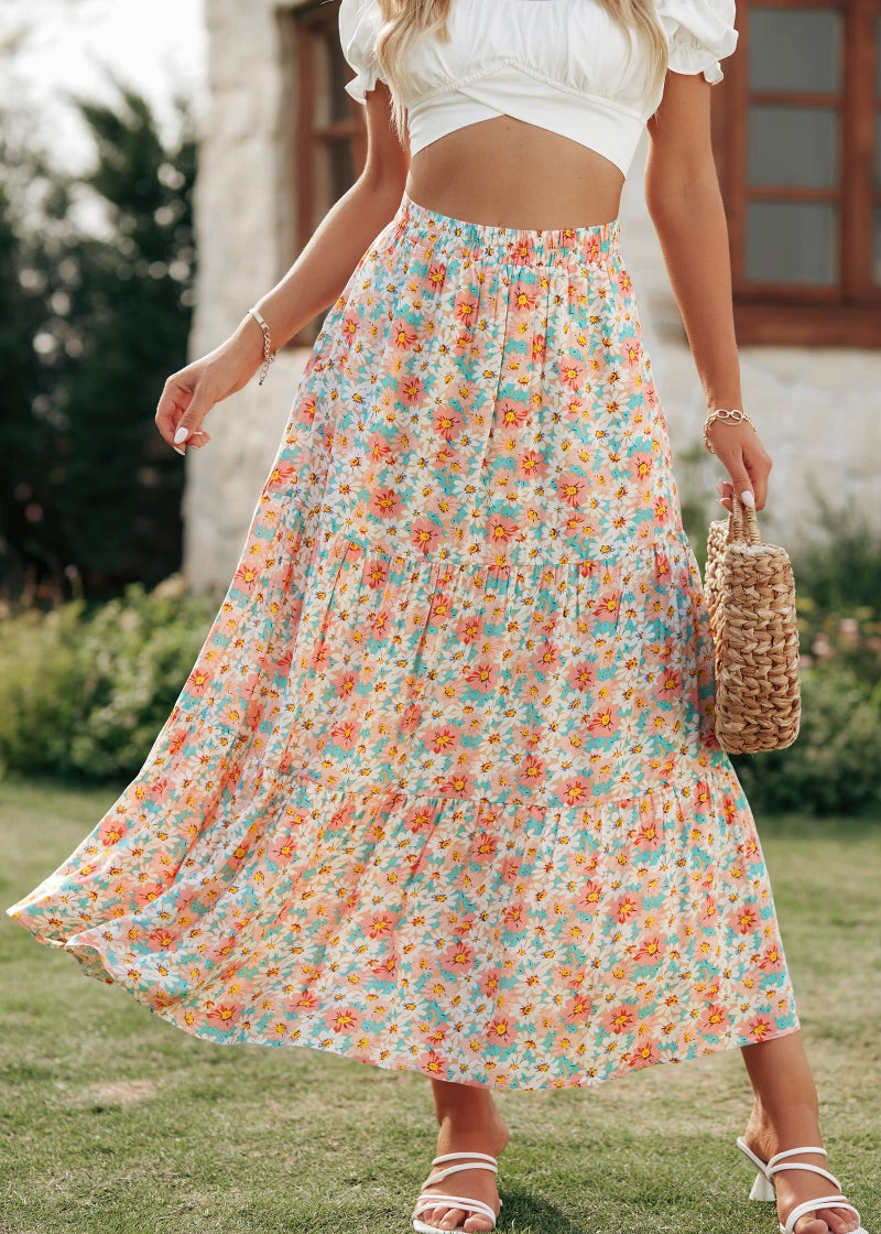 KIRUNDO Maxi Skirts for Women 2026 Summer Boho Floral High Waist Casual Flowy Long Skirt Beach Vacation Cruise Resort Wear(Green, Medium) - Image 3