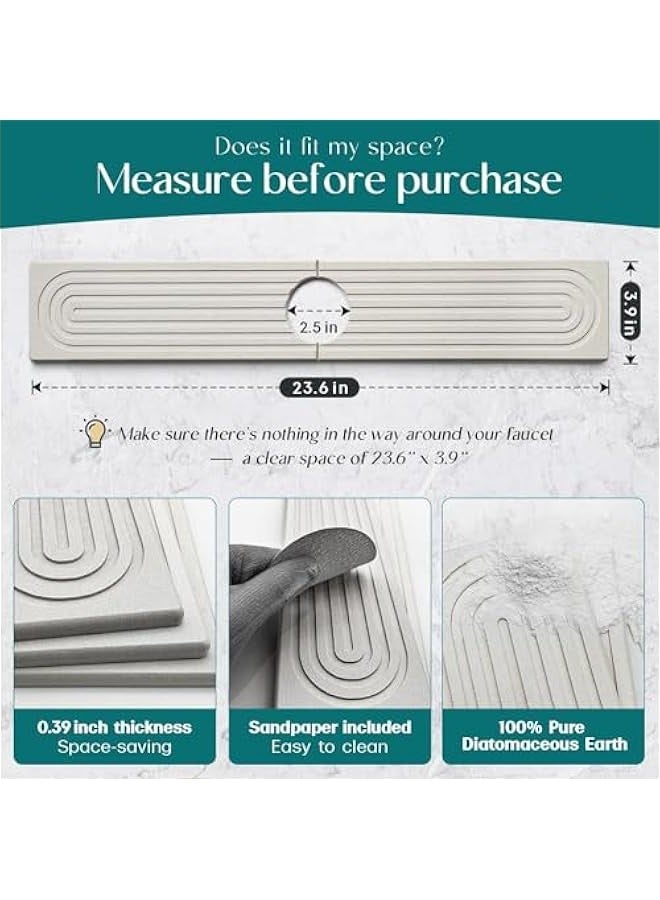 Beauenty Faucet Mat for Kitchen Sink - 24'' Long Diatomite Fast Drying Stone Sink Tray, Super Absorbent, Prevents Moisture Buildup - Faucet Splash Guard for Bathroom Counter 【Light Grey, Includes Sandpaper】 - Image 2