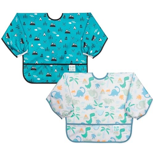 Bumkins Sleeved Bib For Boys Girls Babies Toddlers 624 Months Lightweight Durable Waterproof Long Sleeve Bib CatchAll Pocket Wipeable Machine Washable Dinosaurs Outdoors 2 Pack - Image 1