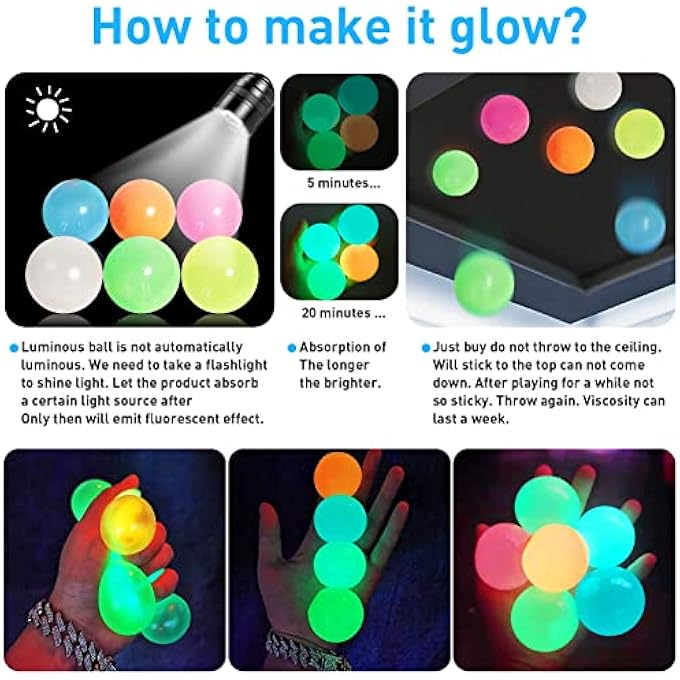QETRABONE 4 Pcs Glowing Sticky Balls, Stress Relieving Glow in The Dark Stick to The Ceiling, Fun Decompression Fidget for Adults Anxiety Pressure - Image 3