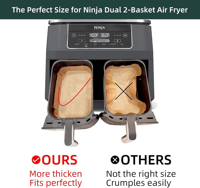 MUOOMU ��غلفة ورقية قابلة للتخلص لأفران الهواء من نوع Ninja Dual Airfryer، من الورق المانع للالتصاق، على شكل مستطيل، إكسسوارات لأفران الهواء، مقاومة للزيت والماء، مناسبة أيضًا لأفران الميكروويف (100 قطعة، مقاس 8.6 بوصة × 5.5 بوصة). - Image 4