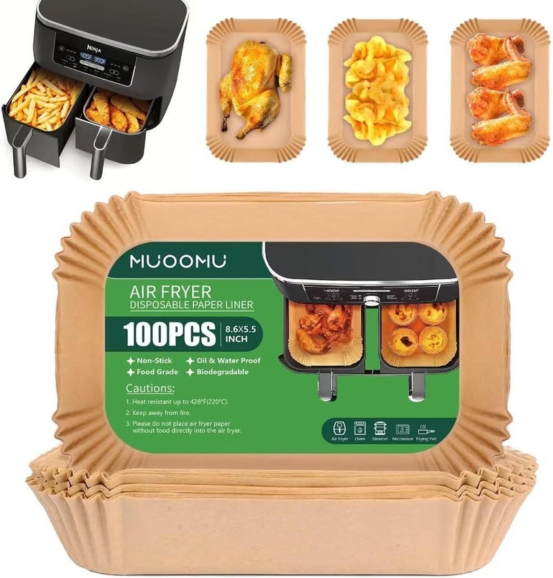 MUOOMU ��غلفة ورقية قابلة للتخلص لأفران الهواء من نوع Ninja Dual Airfryer، من الورق المانع للالتصاق، على شكل مستطيل، إكسسوارات لأفران الهواء، مقاومة للزيت والماء، مناسبة أيضًا لأفران الميكروويف (100 قطعة، مقاس 8.6 بوصة × 5.5 بوصة). - Image 1