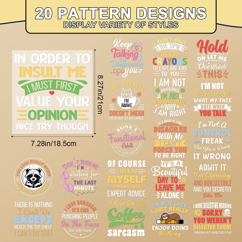 Shejdgart Dtf Transfers Ready to Press - 20 Pcs Funny Sarcastic Iron on Patches for T-Shirts, Humorous Sloth Raccoon Heat Transfer Designs Vinyl Stickers, Iron on Decals for DIY Home Clothes Bags - Image 2