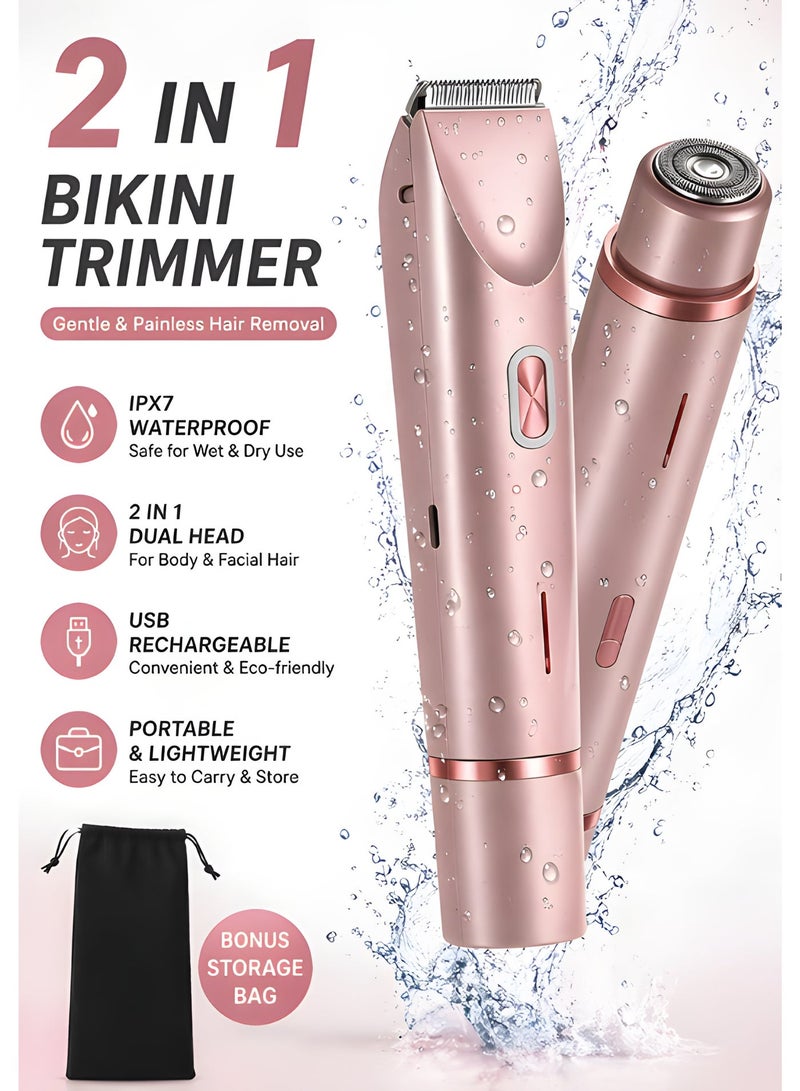 Ump 2 in 1 Bikini Trimmer for Women, Dual Head Electric Shaver, Painless Facial & Body Hair Remover, IPX7 Waterproof Wet & Dry, Cordless Rechargeable for Legs, Underarms & Private Area，Pink - Image 1