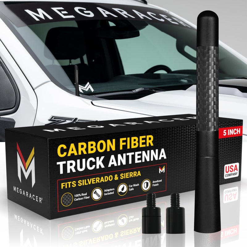 Mega Racer Anodized 5" Short Black Carbon Fiber Truck Antenna for Chevy Silverado & GMC Sierra 1500 2500 (1999-2026) â€“ Billet Aluminum, UV & Chip-Resistant, Car Wash Safe, Small Stubby Replacement Accessories - Image 1