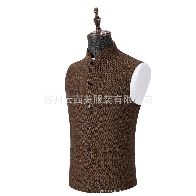 general Men's Stand Collar Vest Slim Fit Herringbone Pattern Wool Blend Casual Waistcoat - Image 5