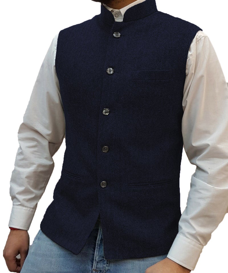 general Men's Stand Collar Vest Slim Fit Herringbone Pattern Wool Blend Casual Waistcoat - Image 1