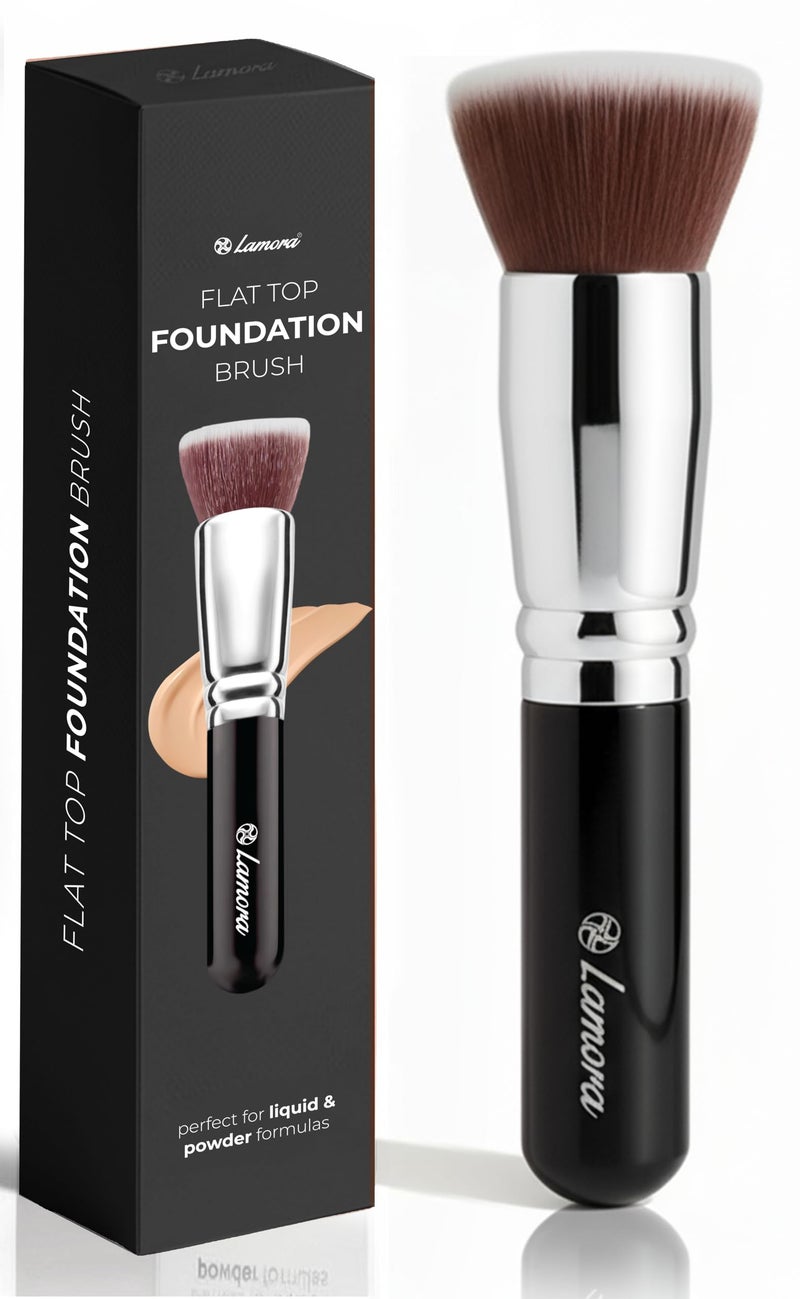 Lamora Makeup Brush Foundation Kabuki - Flat Top Face Brush for Liquid, Cream, and Powder Cosmetics - Full Coverage Blending, Buffing, Stippling, Contouring - Image 1