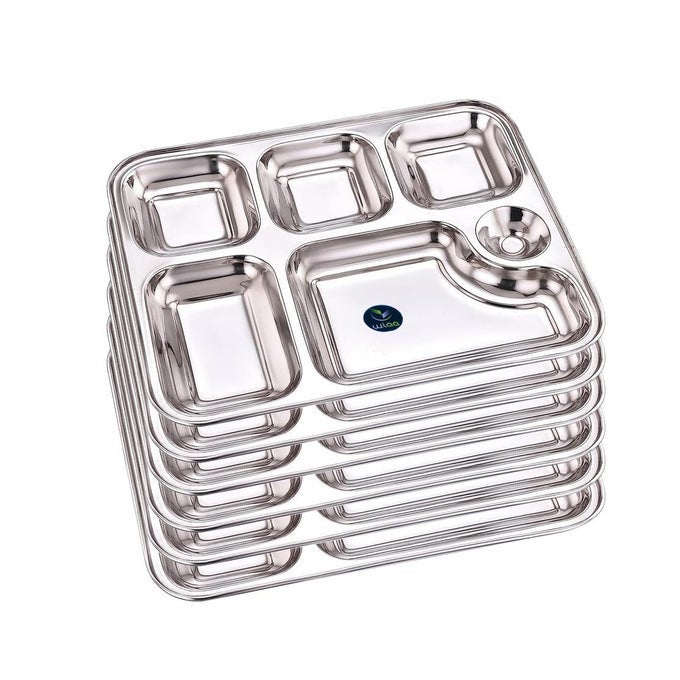 STAINLESS STEEL 6 PARTITION PLATE FOR DINNER LUNCH MESH PLATE COMPARTMENT PLATE THALI SET OF 6