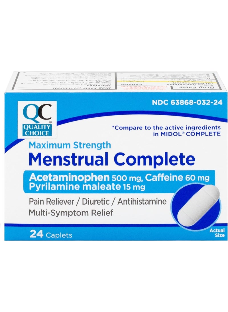 Quality Choice Quality Choice Menstrual Complete Max Strength Period Pain Relief, 500 mg of Acetaminophen, 60mg of Caffeine, 15mg of Pyrilamine Maleate, Cramps, Bloating, Headache. 24 Count. 